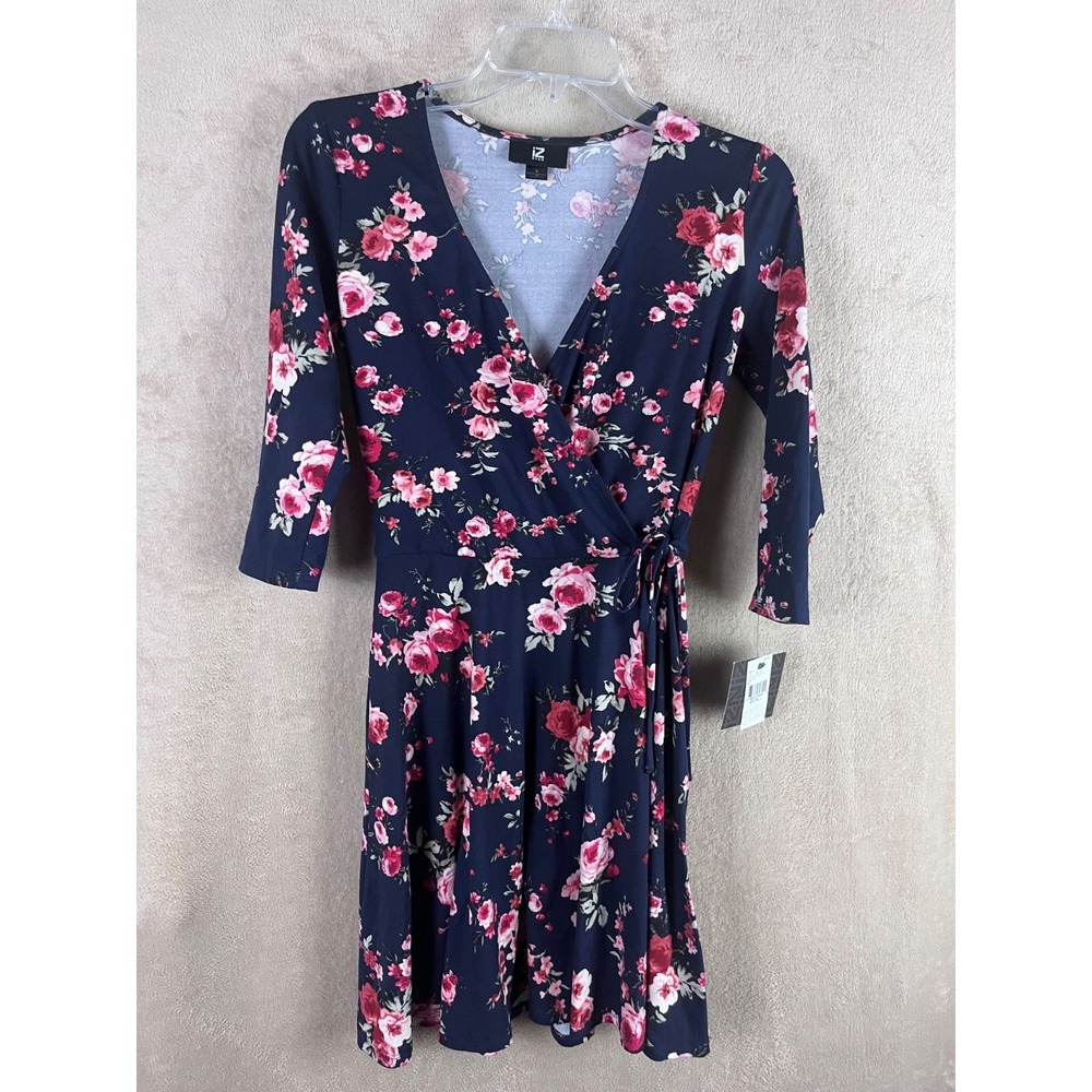 IZ Byer Dress Blue Floral Front Tie Dress 3/4 Sleeves Women's Size Small